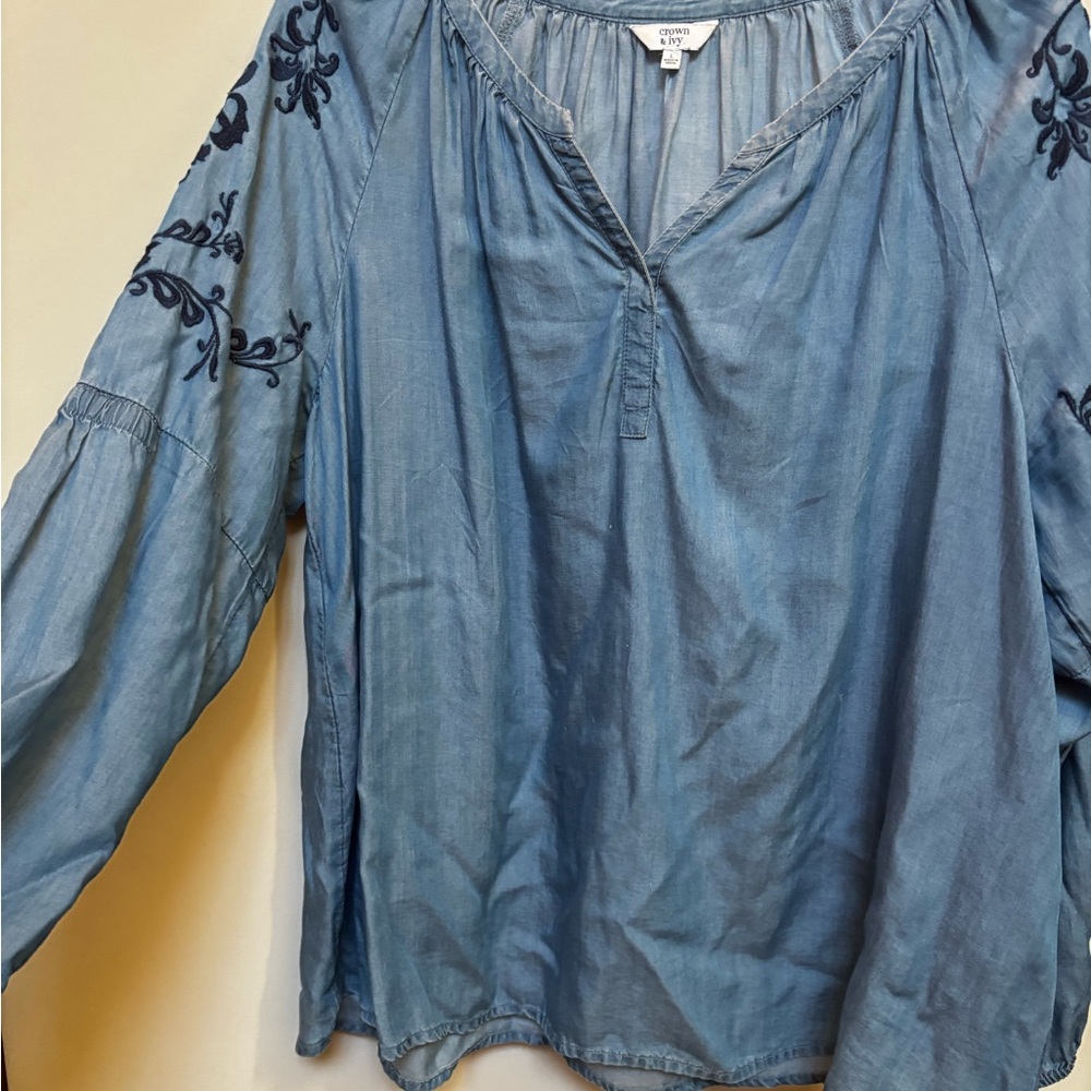Crown & Ivy Denim Blue Blouse with Navy Embroidery